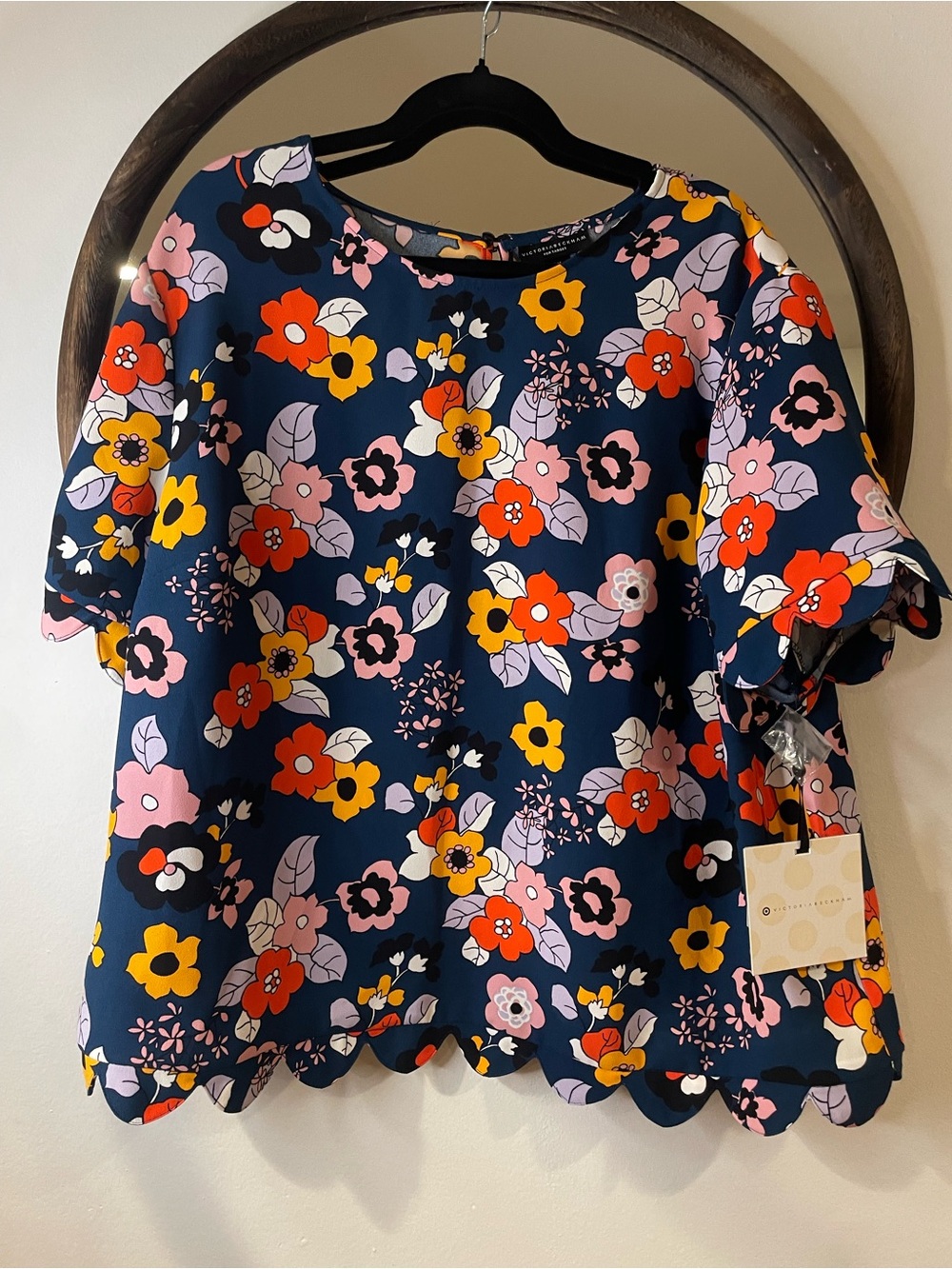 Victoria Beckham Navy Floral Scallop Hem Blouse